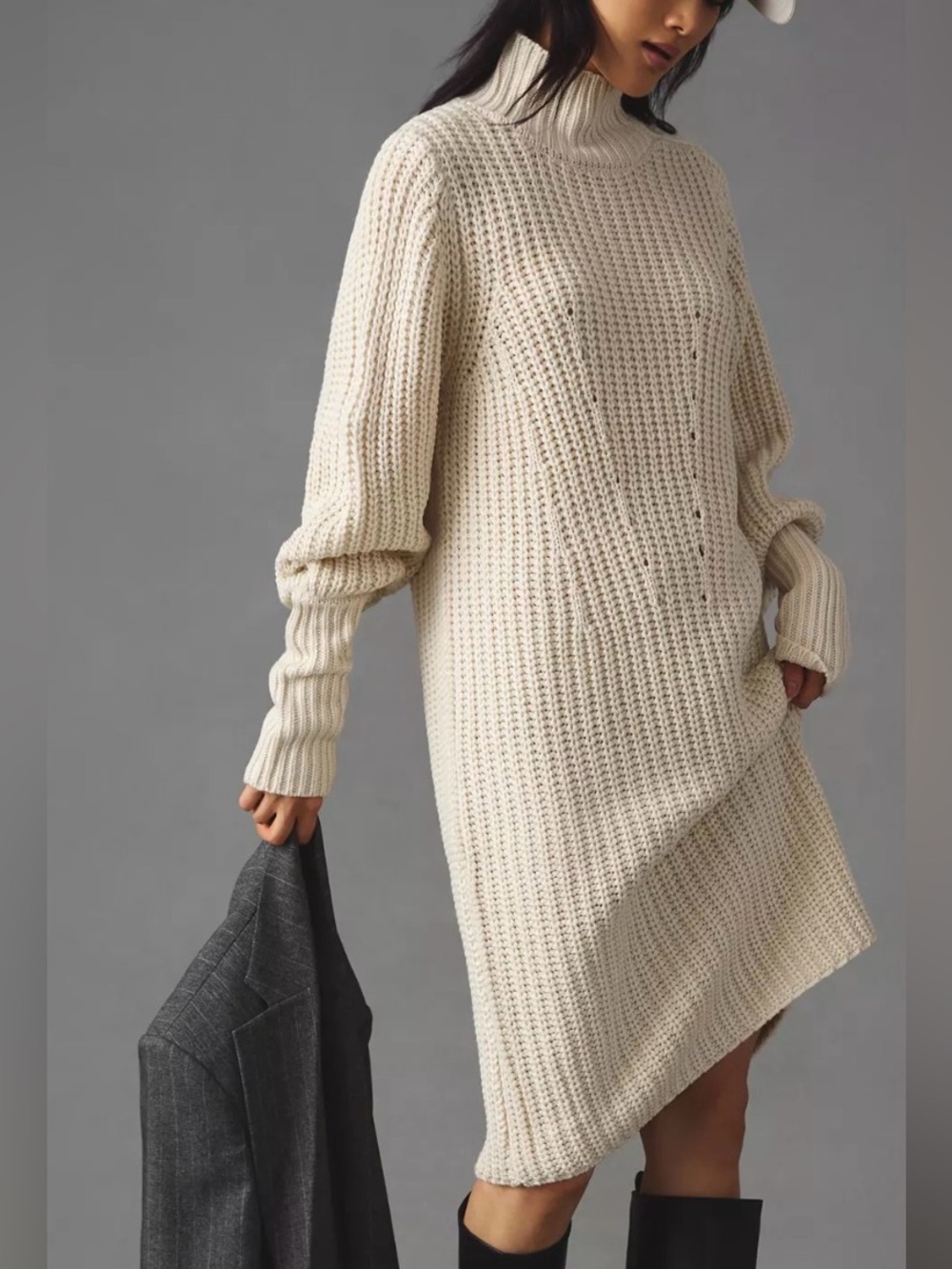Anthropologie Moon River Cream Knit High Mock Neck Sweater Dress Women’s Medium